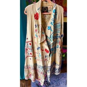 Johnny Was Biya Sleeveless Jacket Embroidered Cream Size Medium Boho Festival